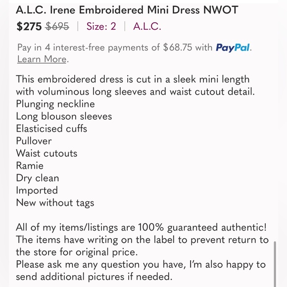 A.L.C. Irene Embroidered Mini Dress NWOT - Picture 6 of 6